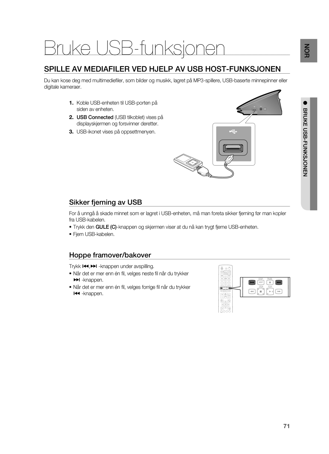 Samsung HT-BD7200R/XEE Bruke USB-funksjonen, Spille av meDiafileR veD Hjelp av usb HOsT-fuNKsjONeN, Sikker fjerning av usb 