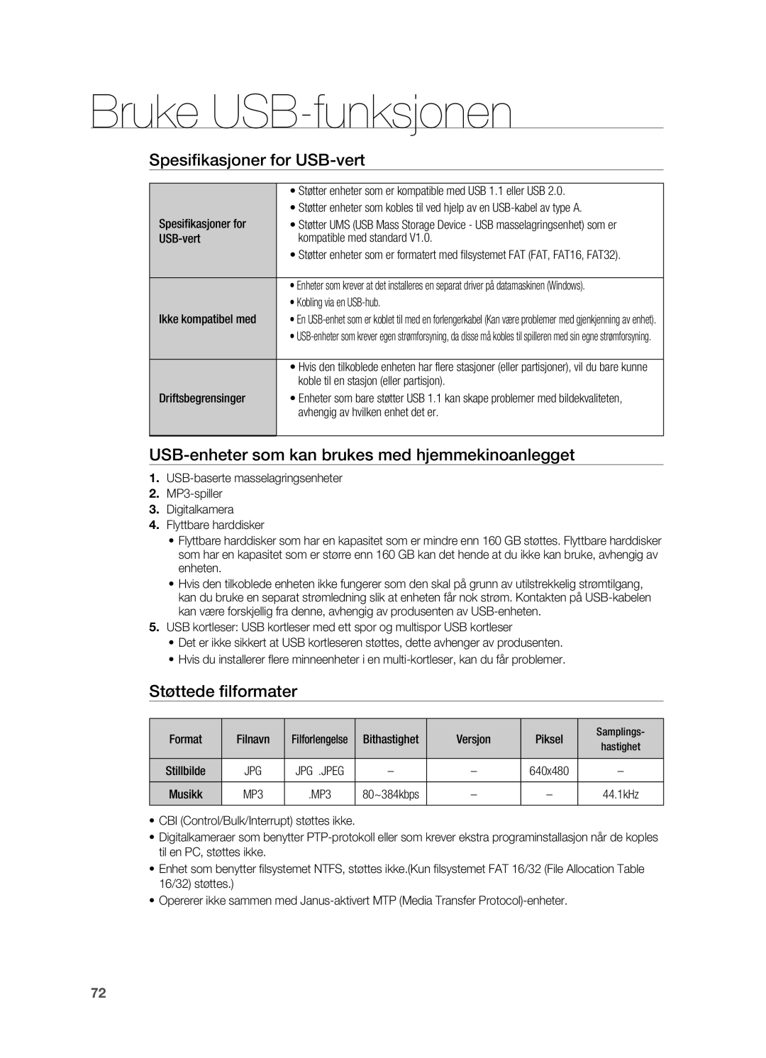 Samsung HT-BD7200R/XEE manual Spesifikasjoner for USB-vert, USB-enheter som kan brukes med hjemmekinoanlegget 