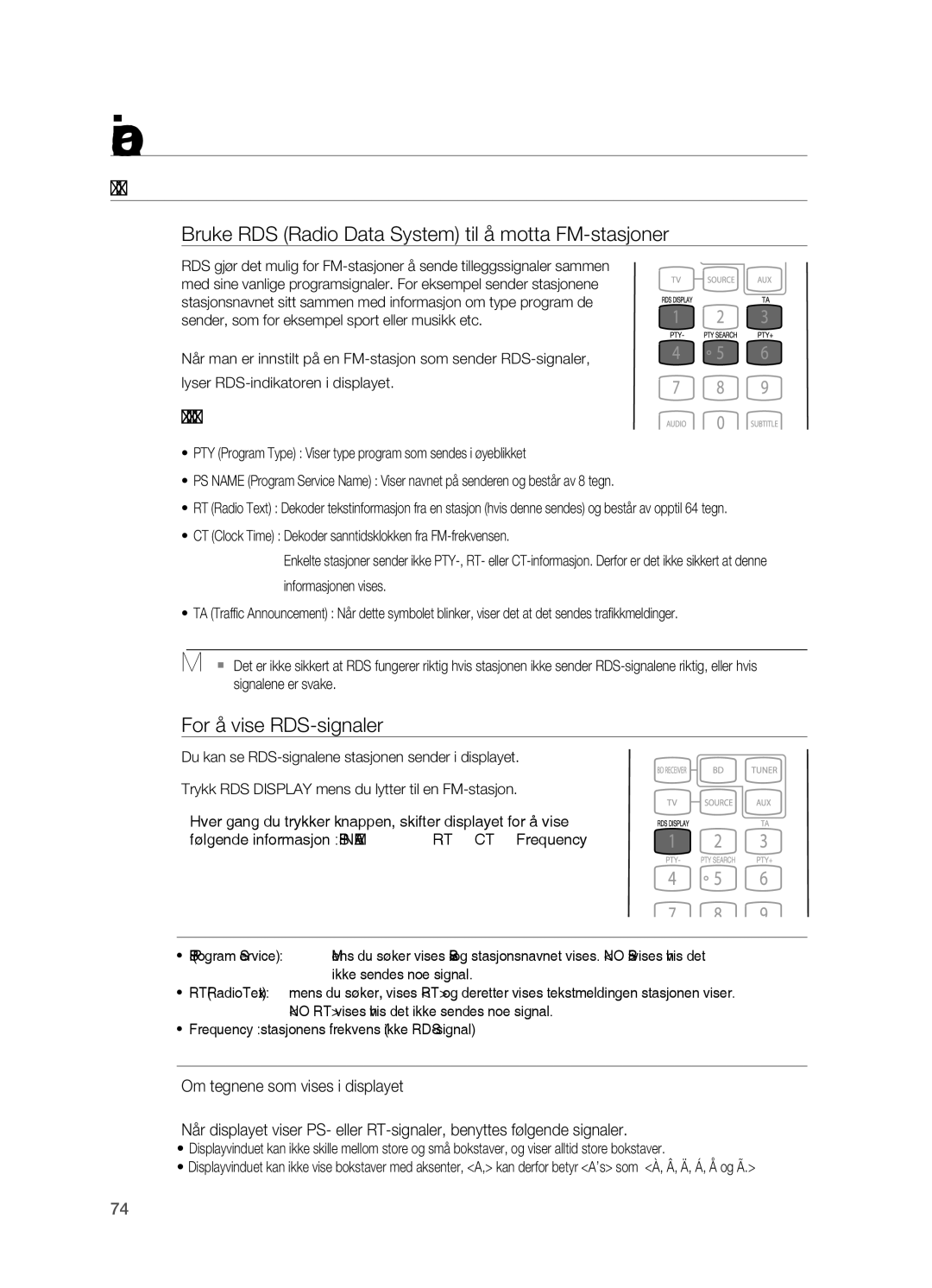 Samsung HT-BD7200R/XEE Om RDS-sendinger, Bruke RDS Radio Data System til å motta FM-stasjoner, For å vise RDS-signaler 