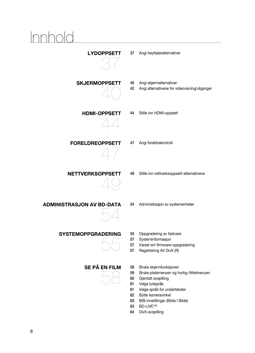 Samsung HT-BD7200R/XEE manual Angi foreldrekontroll, Administrasjon av systemenheter, Bd-Live, DivX-avspilling 