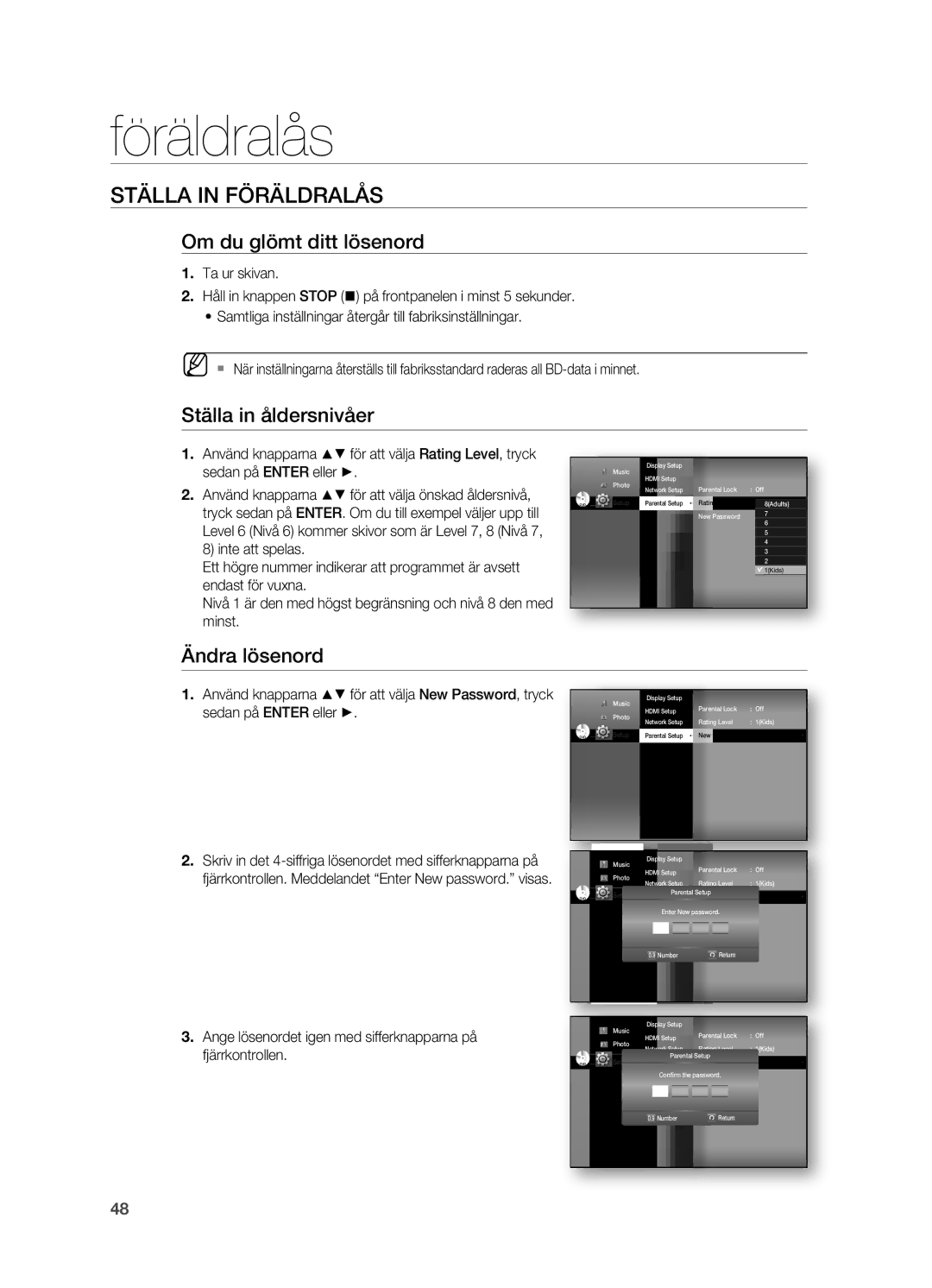 Samsung HT-BD7200R/XEE manual Ställa in föräldralåS, Om du glömt ditt lösenord, Ställa in åldersnivåer, Ändra lösenord 