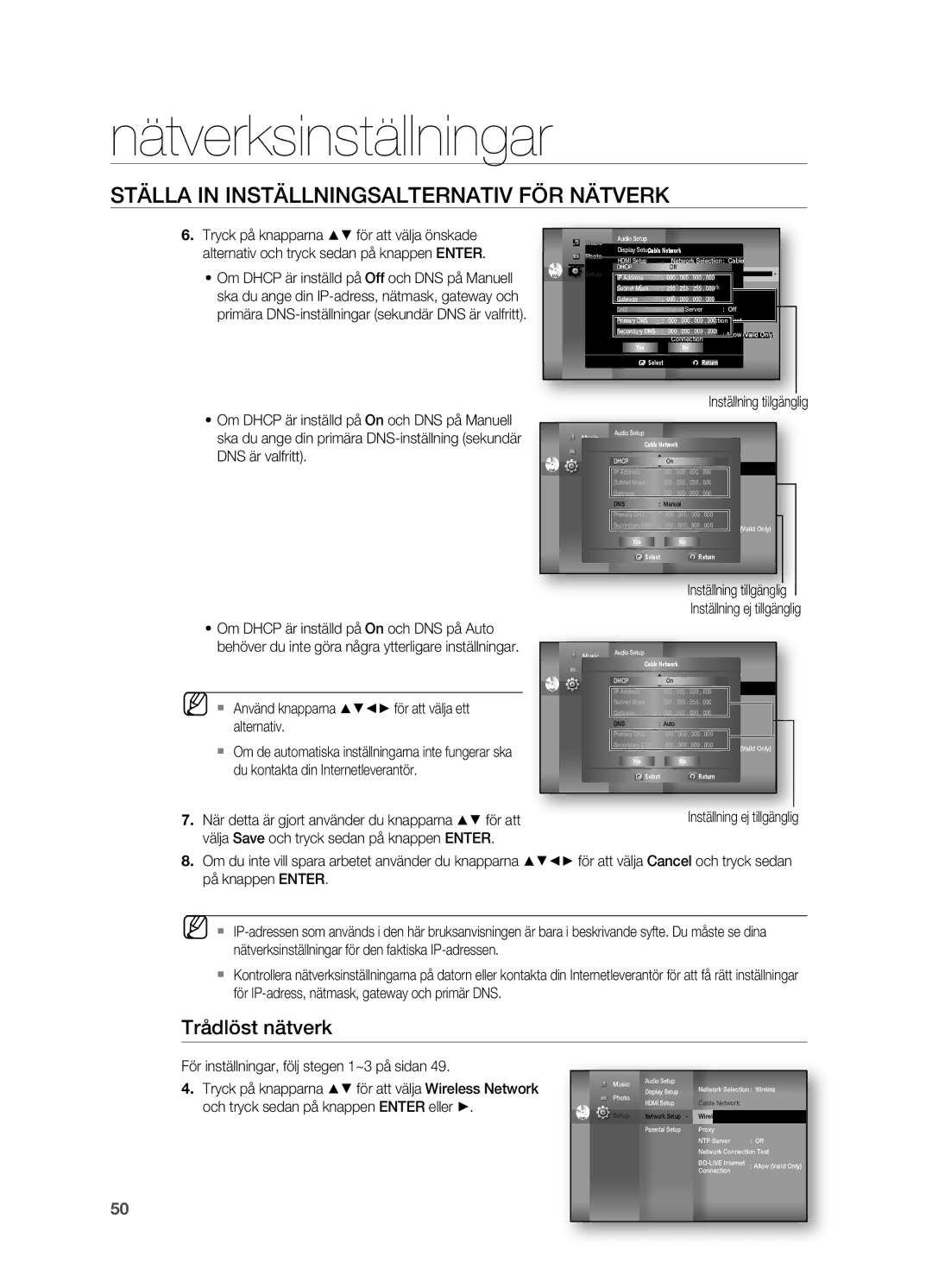 Samsung HT-BD7200R/XEE manual Trådlöst nätverk,  Använd knapparna för att välja ett alternativ 