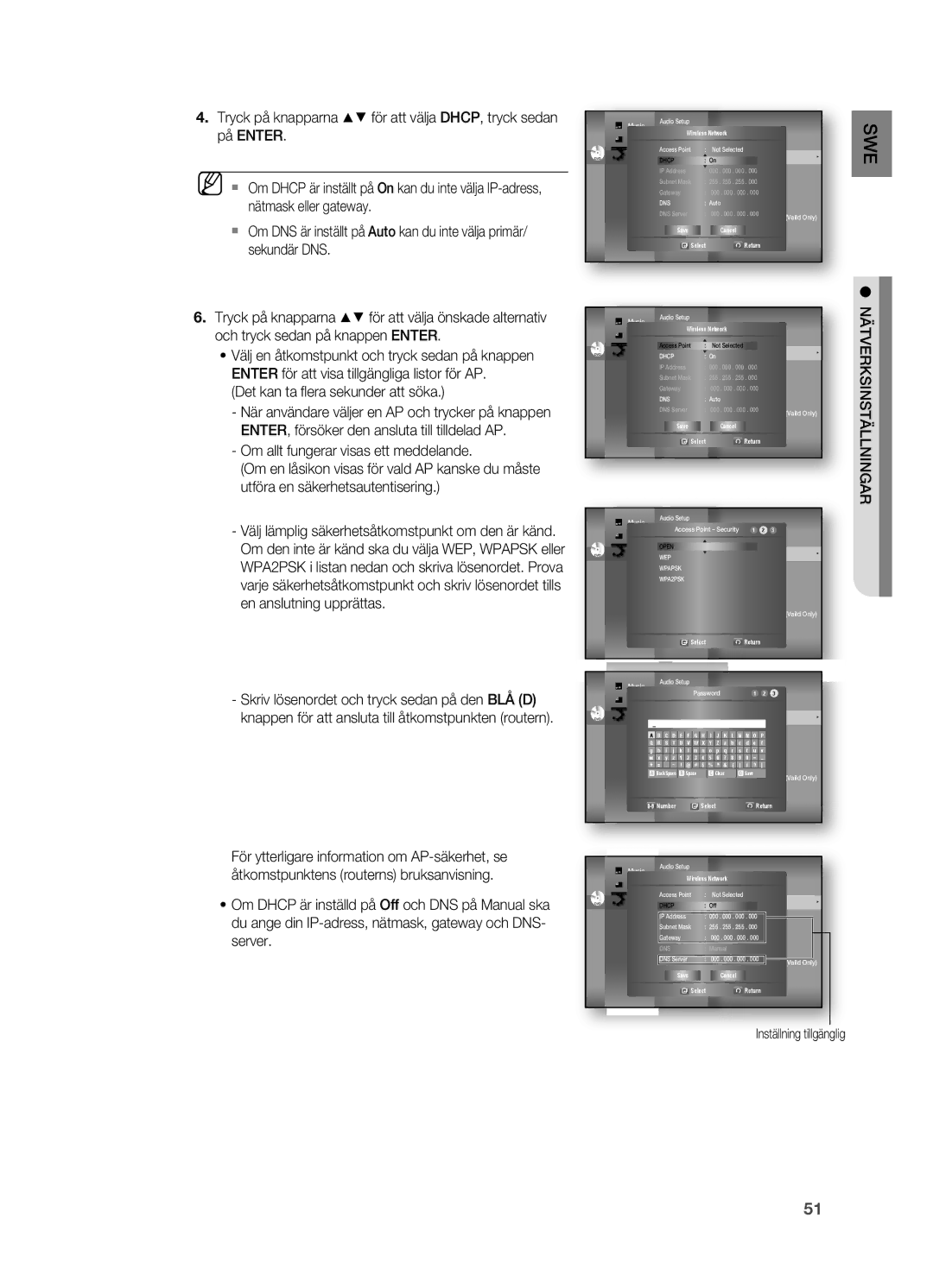 Samsung HT-BD7200R/XEE manual Det kan ta ﬂ era sekunder att söka, Display SetupWireless Network 