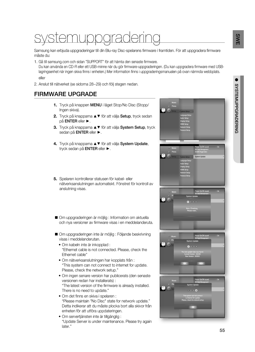 Samsung HT-BD7200R/XEE manual Systemuppgradering, Firmware Upgrade, Tryck på knapparna för att välja Setup, tryck sedan 