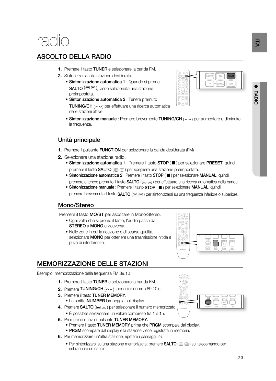 Samsung HT-BD7200R/XET manual Ascolto Della Radio, Memorizzazione Delle Stazioni, Unità principale, Mono/Stereo 