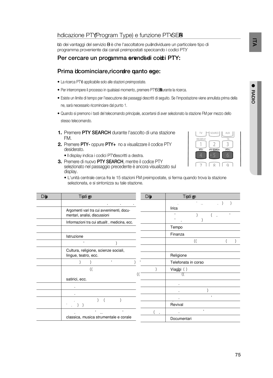 Samsung HT-BD7200R/XET, HT-BD7200R/XEF manual Indicazione PTY Program Type e funzione PTY-SEARCH, Io dar 