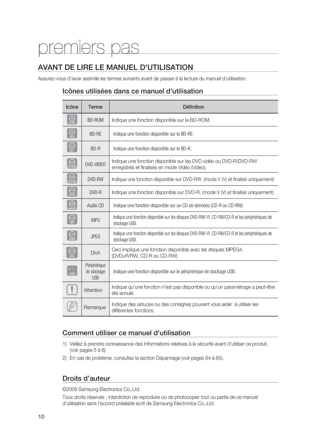 Samsung HT-BD7200R/XEF Premiers pas, Avant de lire le manuel dutilisation, Icônes utilisées dans ce manuel dutilisation 