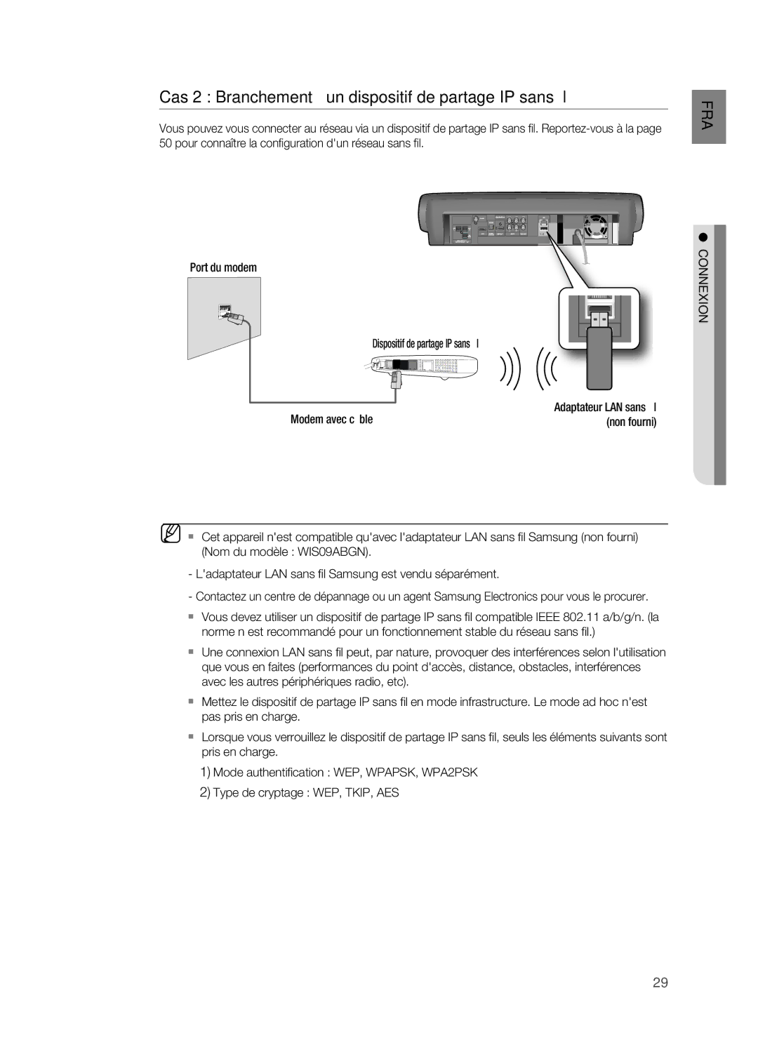 Samsung HT-BD7200R/XEF manual Cas 2 Branchement à un dispositif de partage IP sans fi l, Modem avec câble 