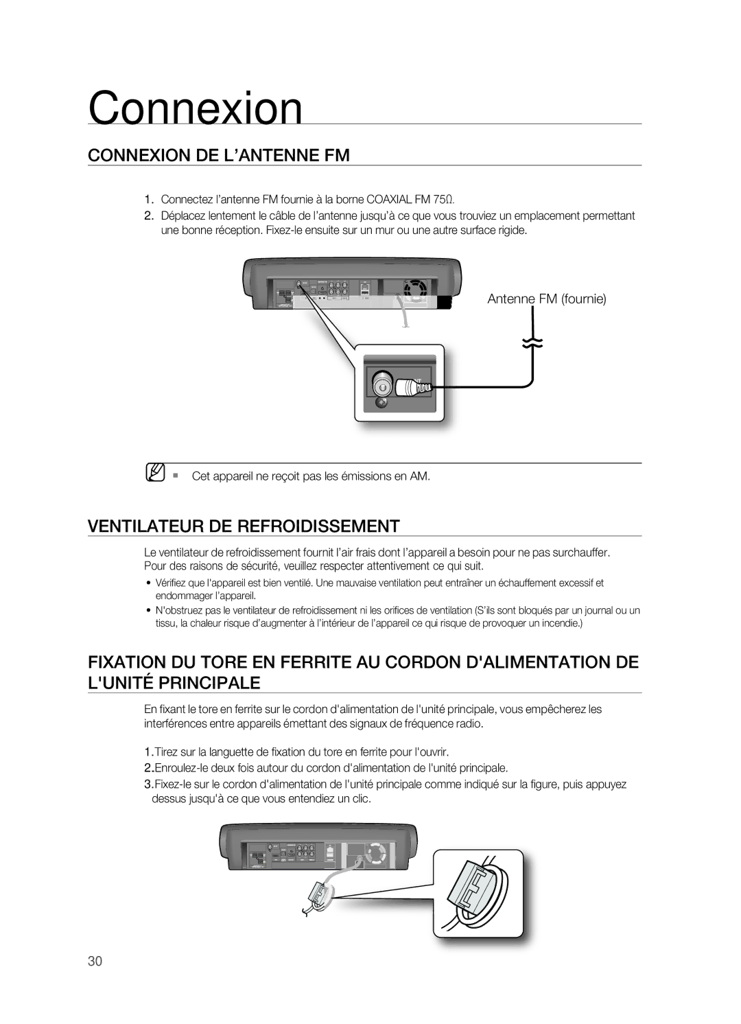 Samsung HT-BD7200R/XEF manual CONNExION DE L’ANTENNE FM, Ventilateur DE Refroidissement, Antenne FM fournie 