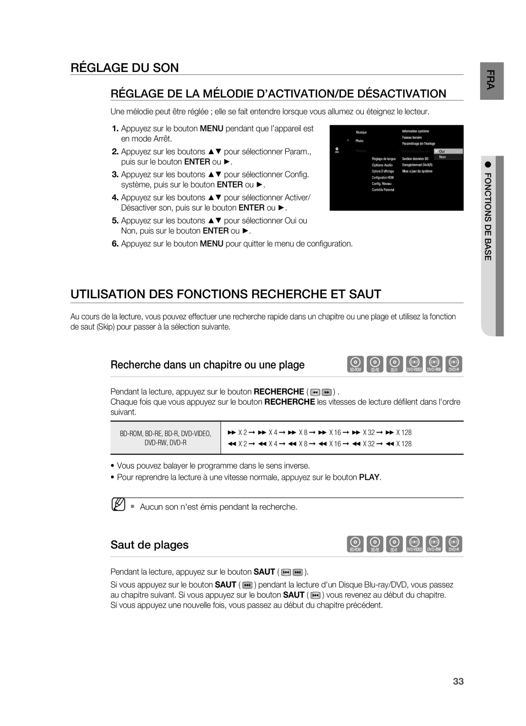 Samsung HT-BD7200R/XEF manual Réglage DU SON, UtiLisAtiOn Des FOnCtiOns reCHerCHe et sAUt, Saut de plages 