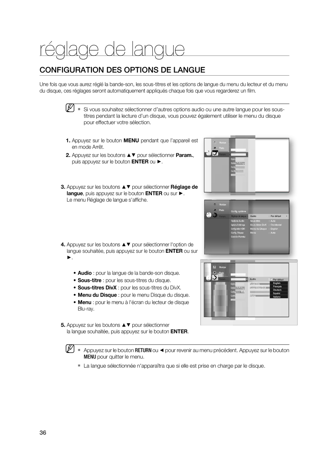 Samsung HT-BD7200R/XEF manual Réglage de langue, Configuration DES Options DE Langue 