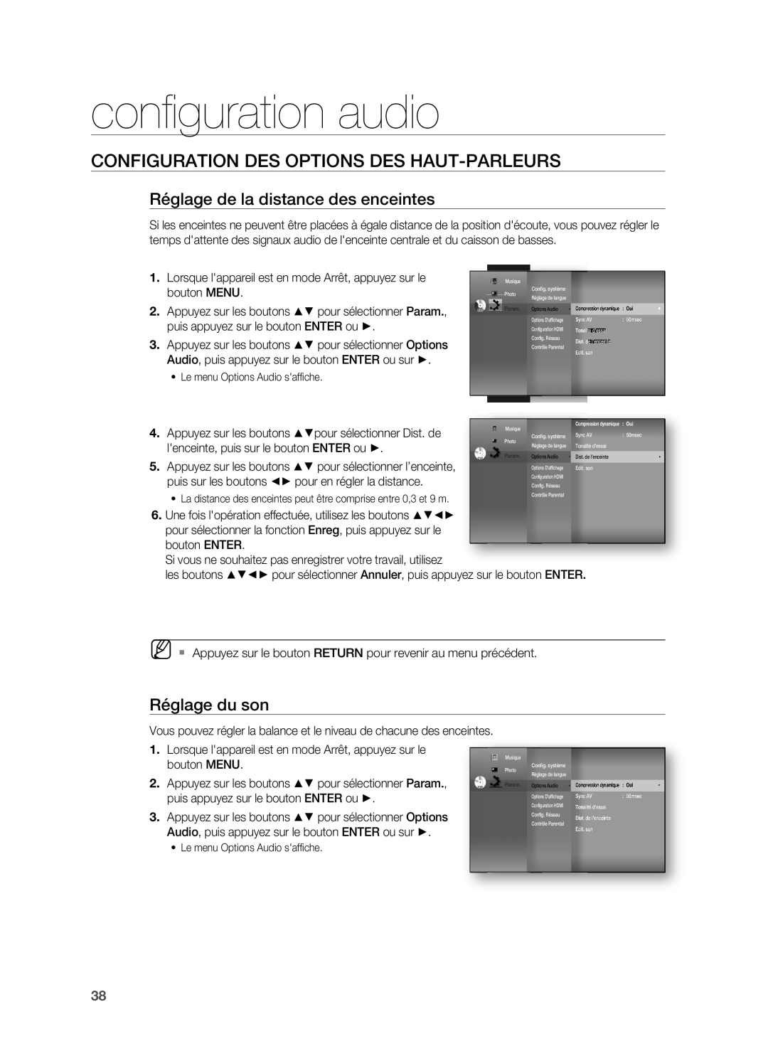 Samsung HT-BD7200R/XEF Configuration des options des haut-parLeurs, Réglage de la distance des enceintes, Réglage du son 