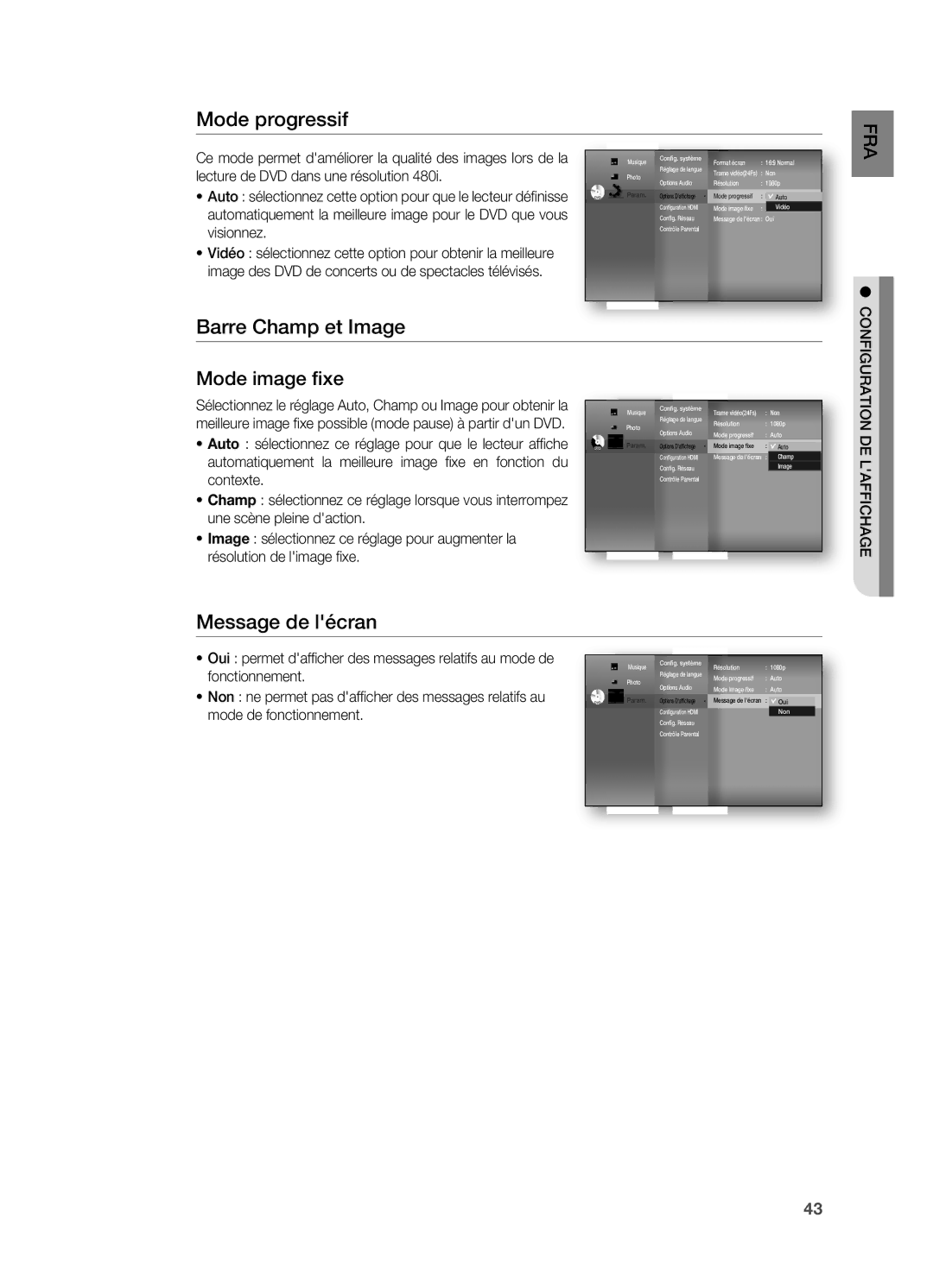 Samsung HT-BD7200R/XEF manual Mode progressif, Barre Champ et image, Message de lécran 