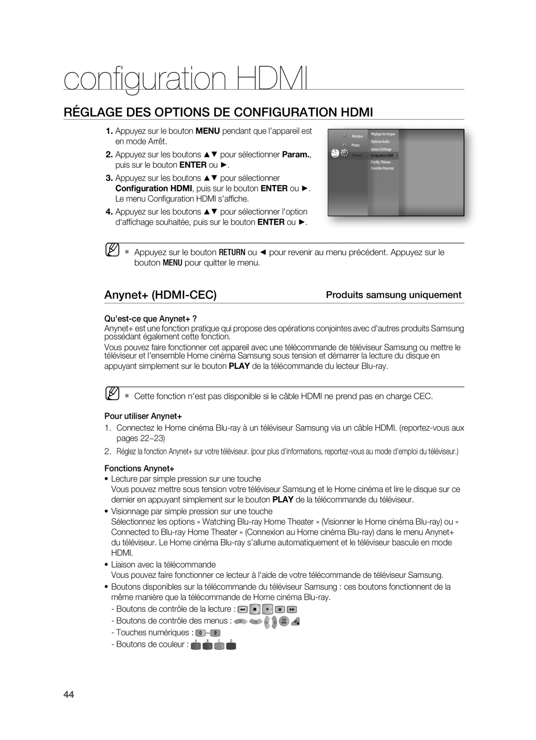 Samsung HT-BD7200R/XEF manual Confi guration Hdmi, RégLage des options de Configuration hdMi, Anynet+ hdMi-CeC 