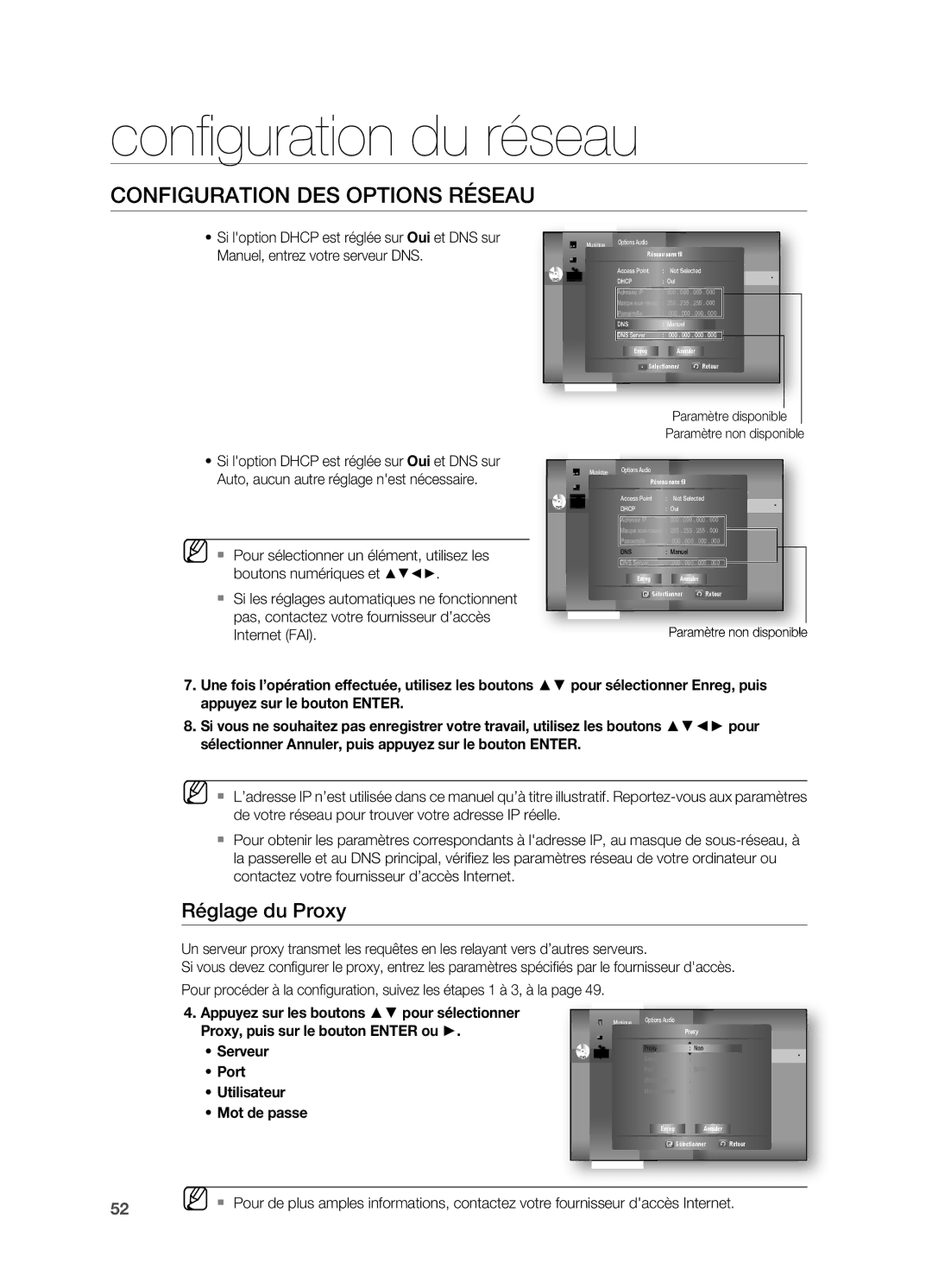 Samsung HT-BD7200R/XEF manual Réglage du proxy, Paramètre disponible Paramètre non disponible 