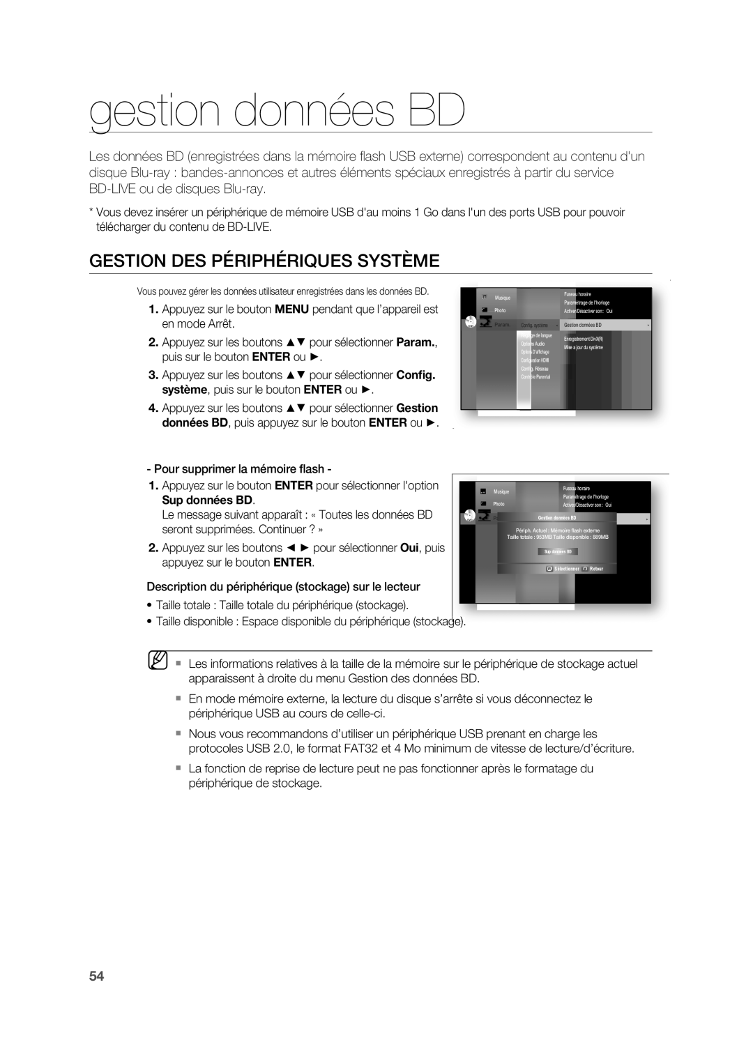 Samsung HT-BD7200R/XEF manual Gestion données BD, Gestion des périphériQues sYstÈMe, Pour supprimer la mémoire ﬂash 