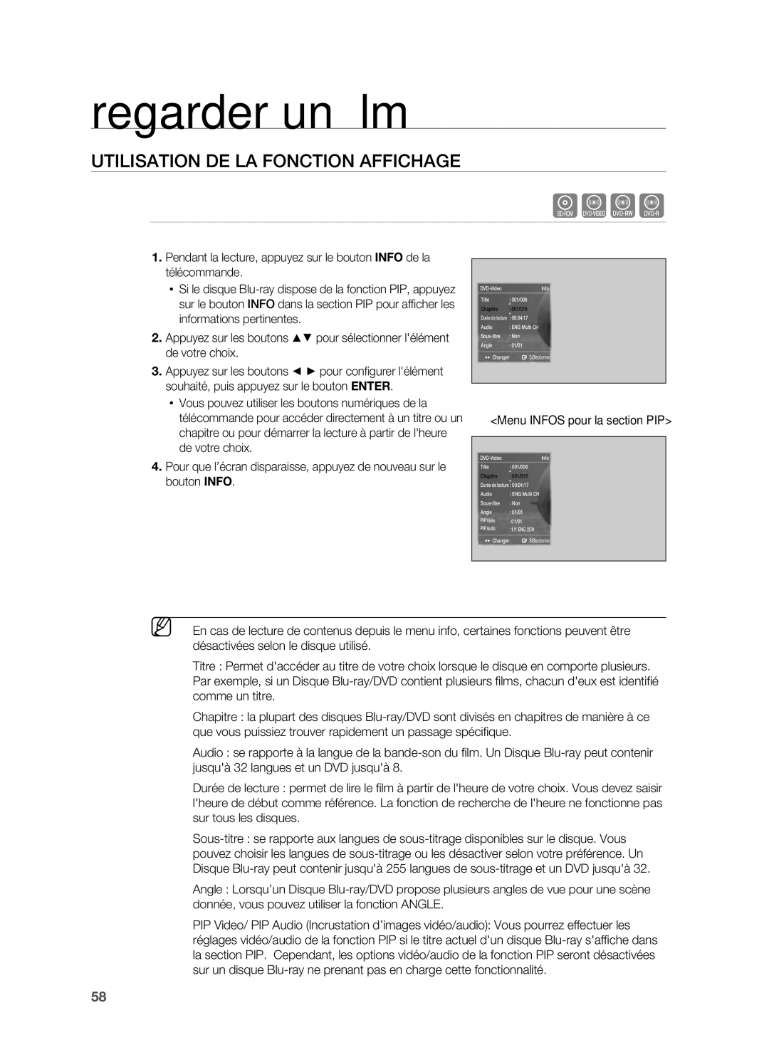 Samsung HT-BD7200R/XEF manual Regarder un ﬁ lm, UTiliSATiOn de lA FOnCTiOn AFFiCHAge, Menu Infos pour la section PIP 