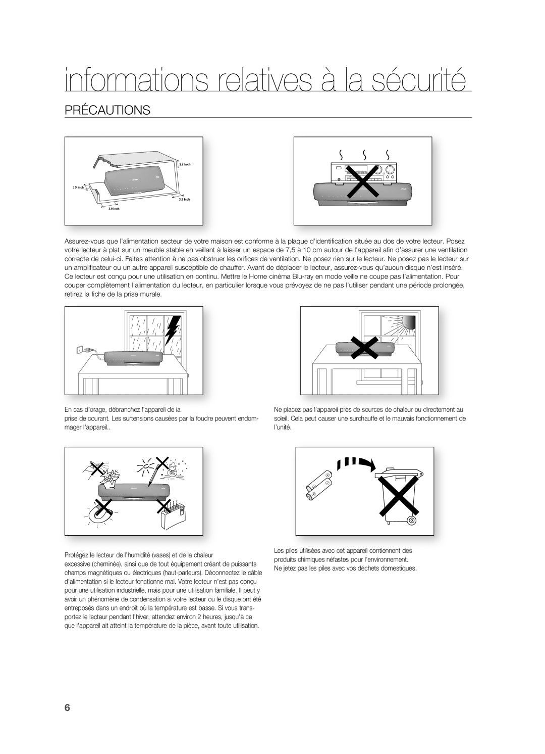 Samsung HT-BD7200R/XEF manual Informations relatives à la sécurité, Précautions 