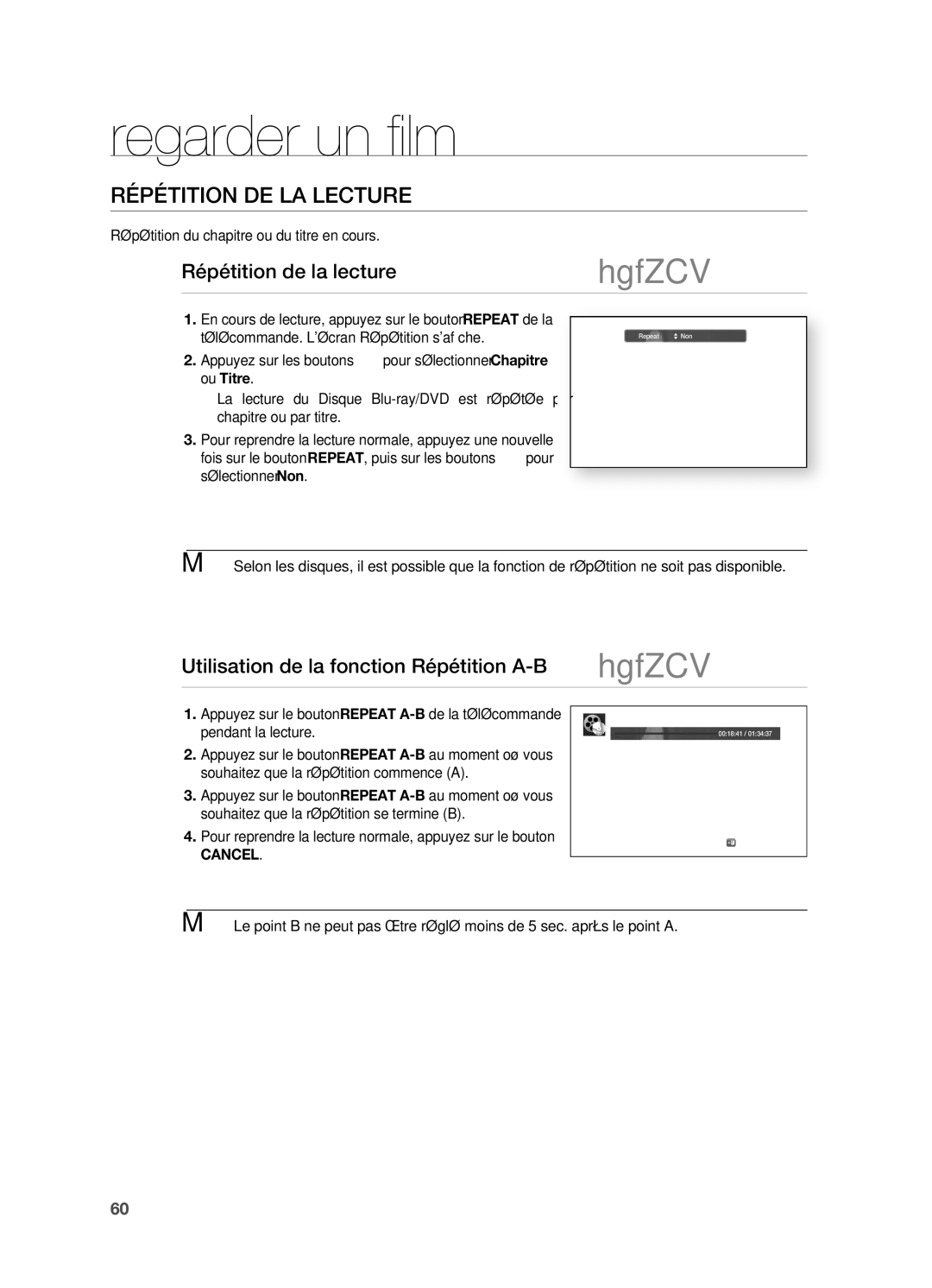 Samsung HT-BD7200R/XEF RÉPÉTiTiOn de lA leCTuRe, Répétition de la lecture, Répétition du chapitre ou du titre en cours 