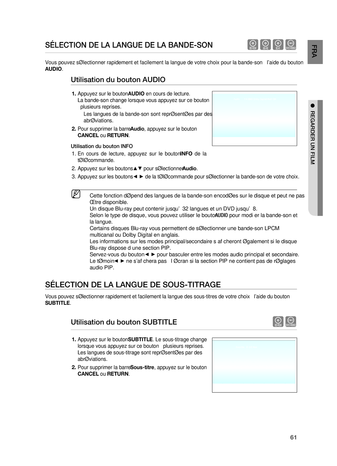 Samsung HT-BD7200R/XEF manual SÉleCTiOn de lA lAngue de lA BAnde-SOn hgfZ, SÉleCTiOn de lA lAngue de SOuS-TiTRAge 