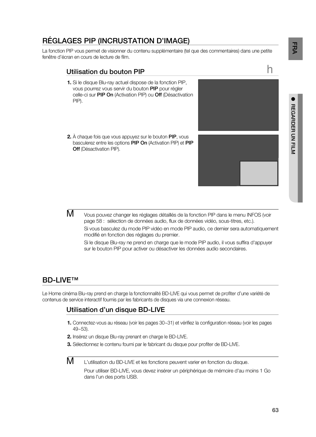 Samsung HT-BD7200R/XEF manual RÉglAgeS PiP inCRuSTATiOn d’imAge, Bd-liVe, Utilisation du bouton PiP, RegARdeR un Film 