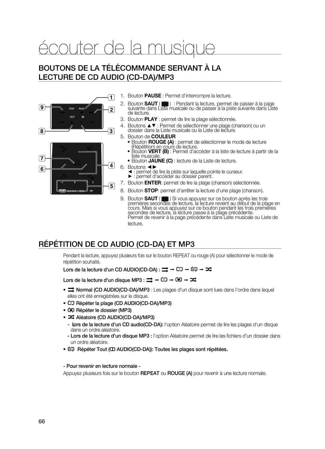 Samsung HT-BD7200R/XEF manual Écouter de la musique, Répétition DE CD Audio CD-DA et MP3 