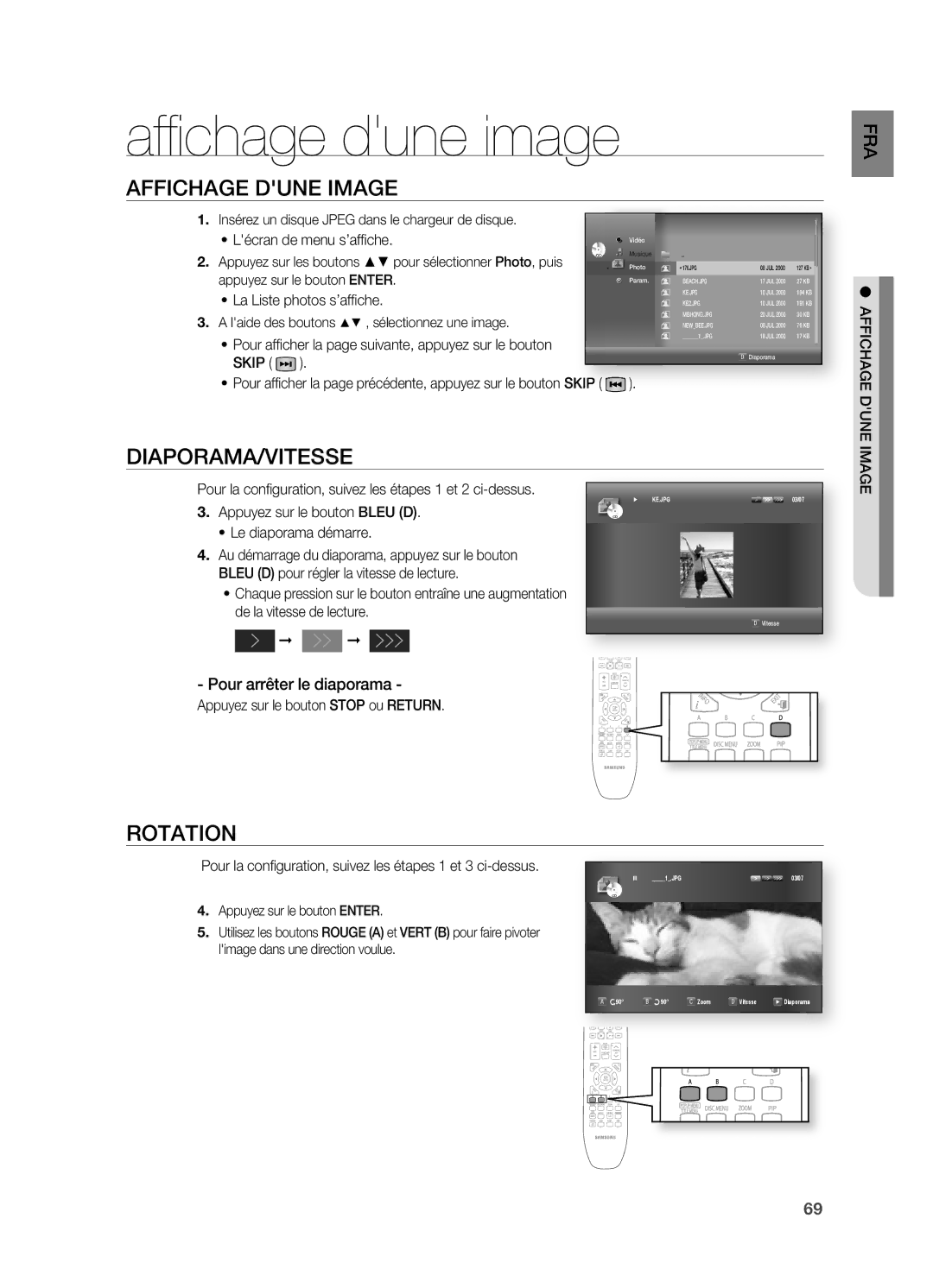 Samsung HT-BD7200R/XEF Afﬁ chage dune image, AFFiCHAge dune imAge, DiAPORAmA/ViTeSSe, ROTATiOn, Pour arrêter le diaporama 