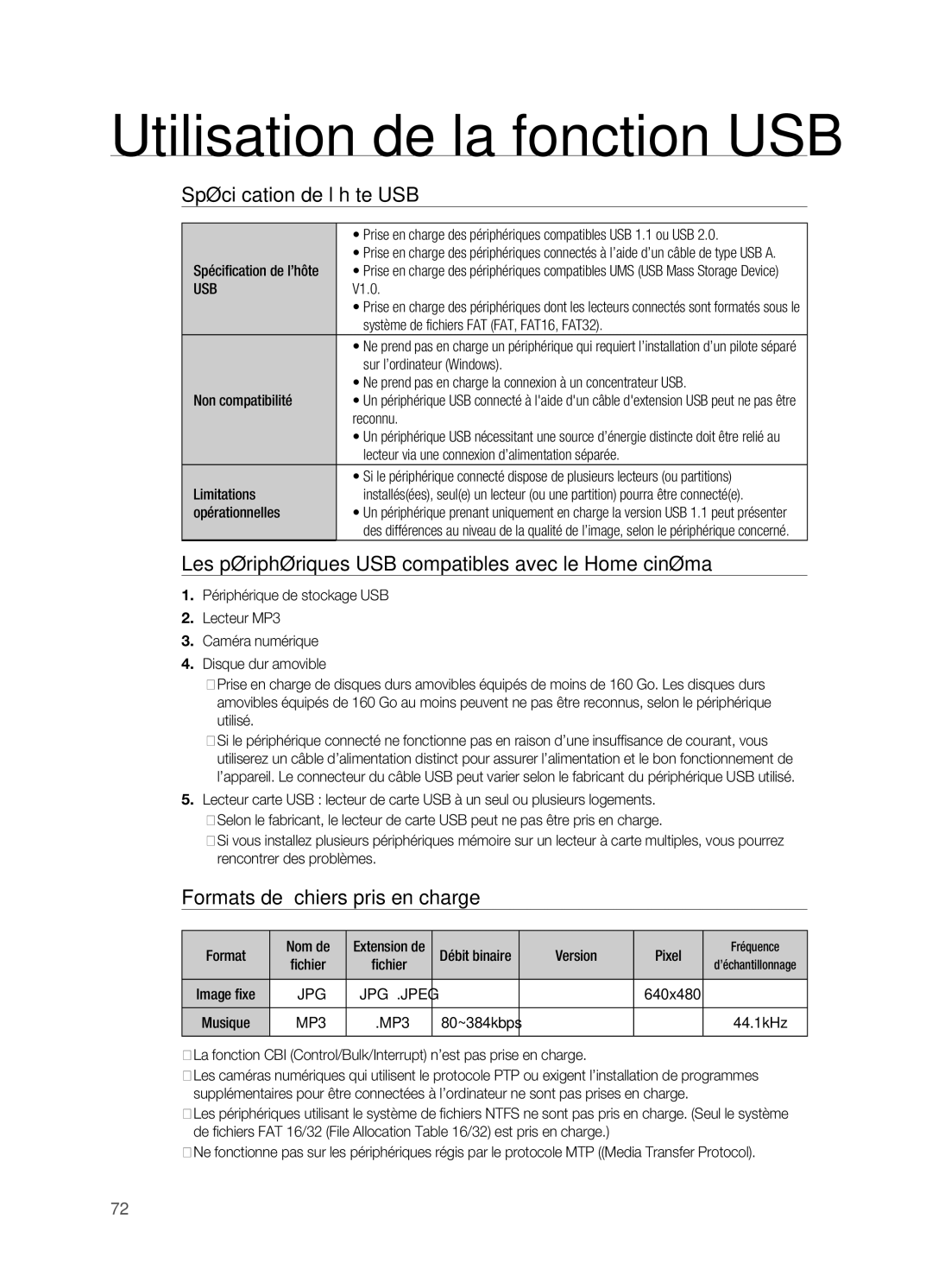 Samsung HT-BD7200R/XEF manual Spécification de l’hôte USB, Les périphériques USB compatibles avec le Home cinéma, Usb 