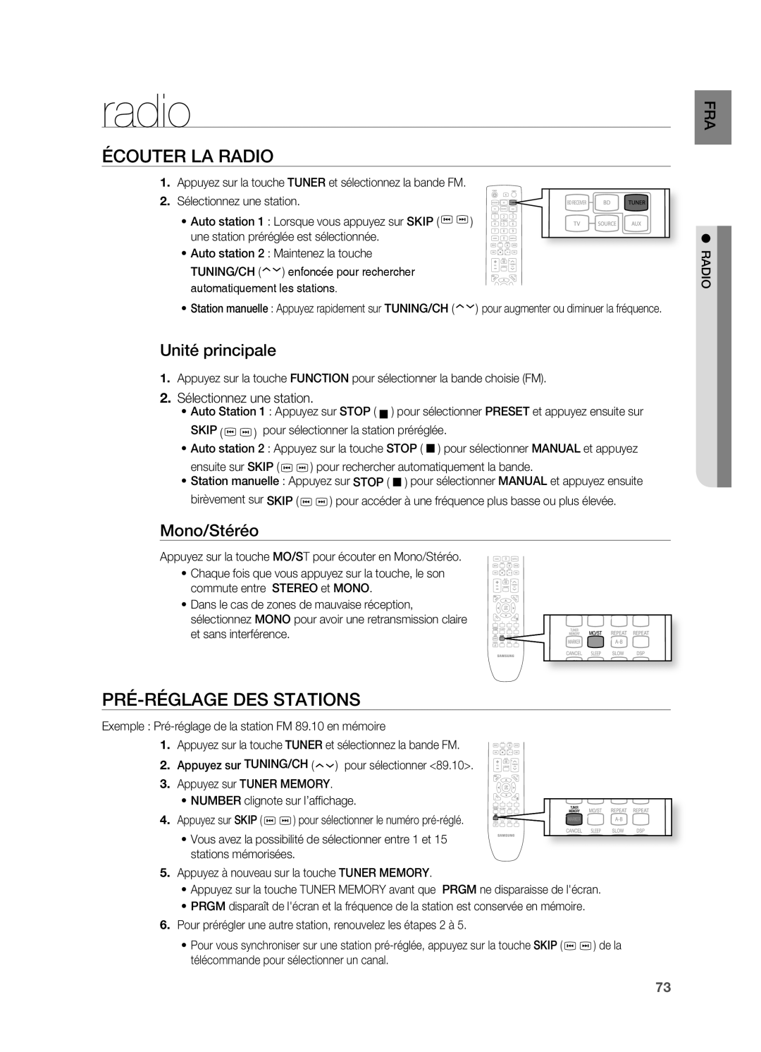 Samsung HT-BD7200R/XEF manual Écouter LA Radio, PRÉ-RÉGLAGE DES Stations, Unité principale, Mono/Stéréo 