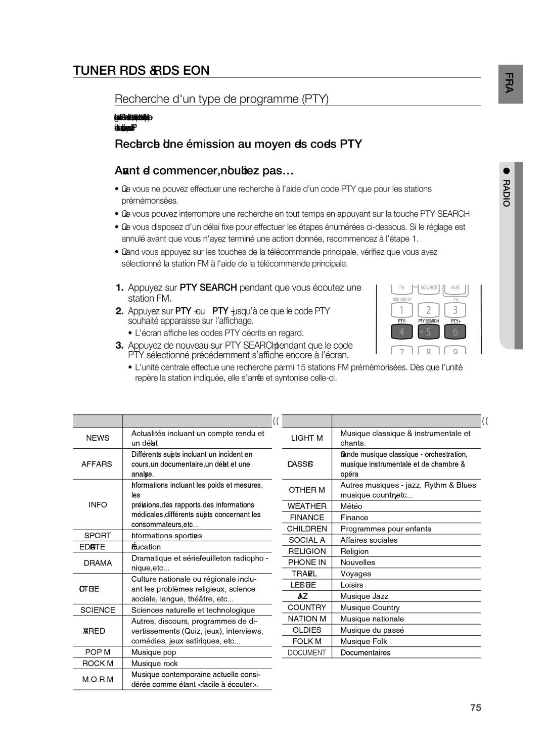 Samsung HT-BD7200R/XEF manual Recherche dun type de programme PTY, ’écran affiche les codes PTY décrits en regard, Di ra 