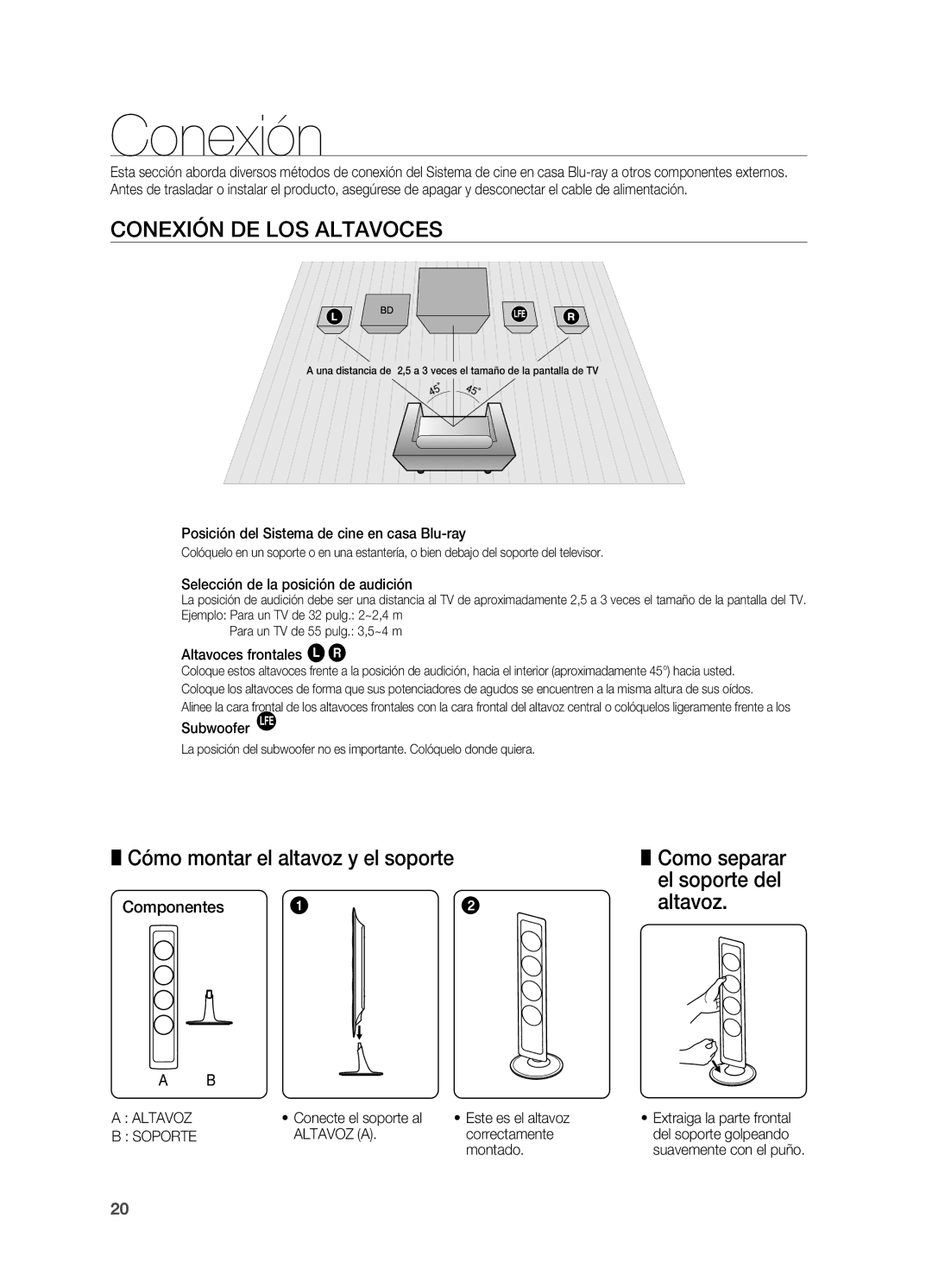 Samsung HT-BD7200R/XET manual Conexión de los altavoces, Cómo montar el altavoz y el soporte, El soporte del, Altavoz 