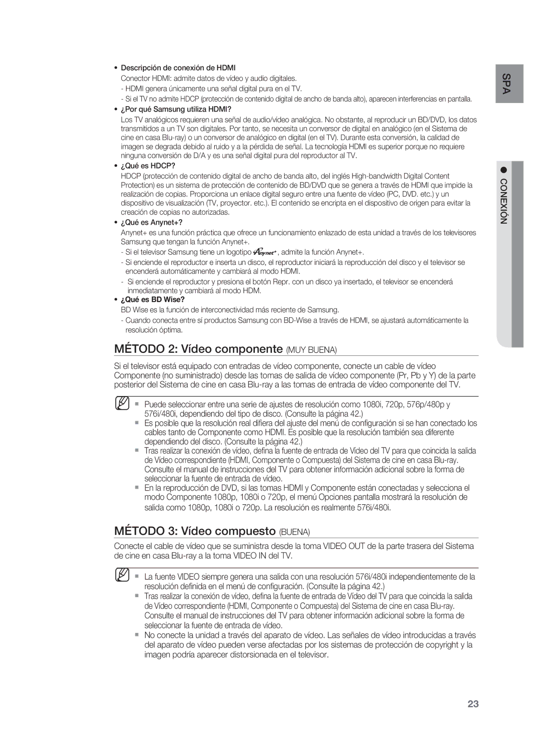 Samsung HT-BD7200R/XET manual Método 2 Vídeo componente MUY Buena, Método 3 Vídeo compuesto Buena, Ió x Cone 