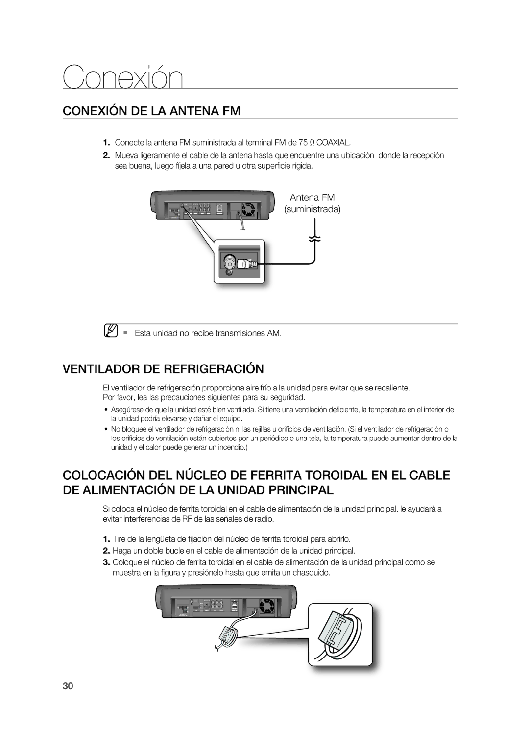 Samsung HT-BD7200R/XET manual CONExIóN DE LA Antena FM, Ventilador DE REFRIGERACIóN, Antena FM Suministrada 