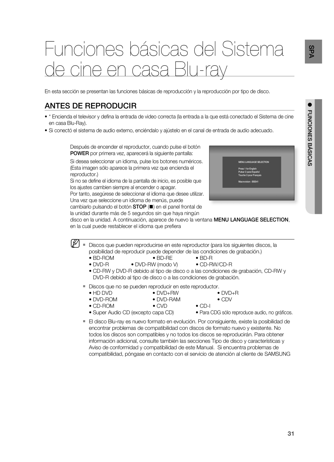 Samsung HT-BD7200R/XET manual Antes DE Reproducir, Hd Dvd Dvd+Rw Dvd-Rom Dvd-Ram Cdv Cd-Rom Cvd, Funciones Básicas 