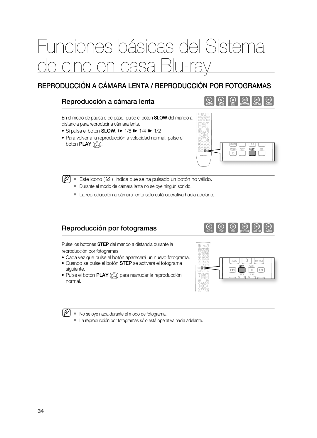 Samsung HT-BD7200R/XET manual REPRODUCCIóN a Cámara Lenta / REPRODUCCIóN POR Fotogramas, Reproducción a cámara lenta 