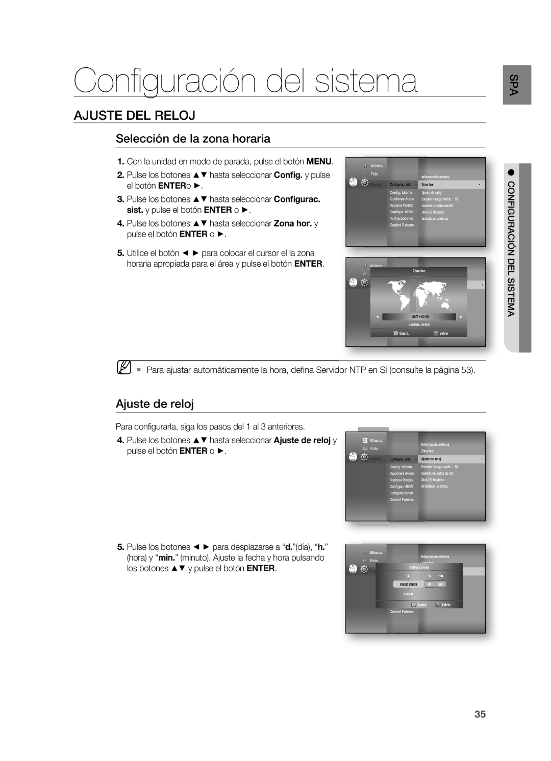 Samsung HT-BD7200R/XET manual Conﬁ guración del sistema, AJusTe del reloJ, Selección de la zona horaria, Ajuste de reloj 