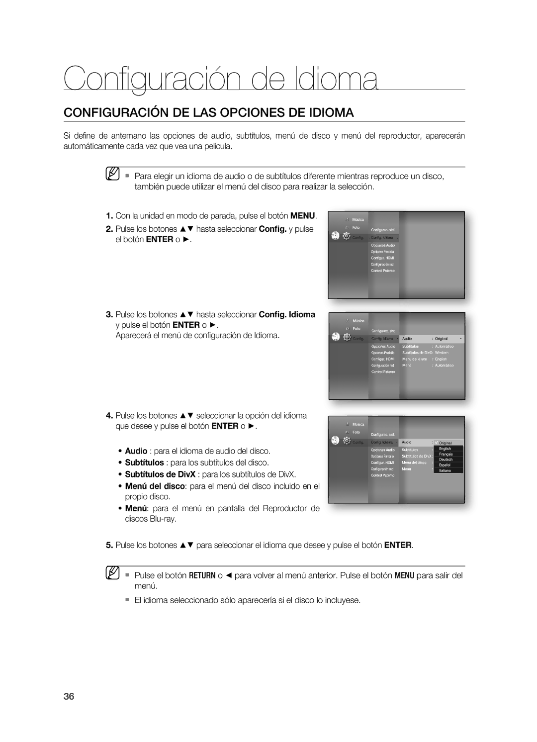 Samsung HT-BD7200R/XET manual Confi guración de Idioma, ConfiguraCión de las opCiones de idioMa 