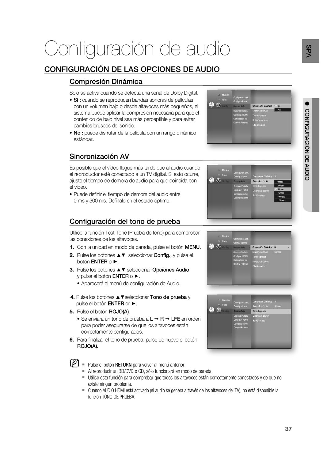 Samsung HT-BD7200R/XET manual Conﬁ guración de audio, ConfiguraCión de las opCiones de audio, Compresión dinámica 