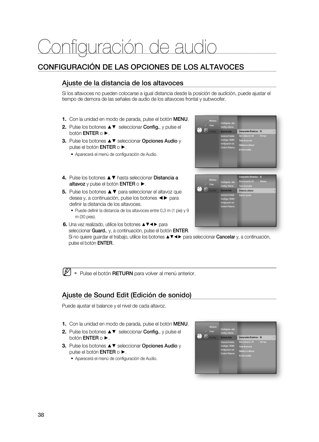 Samsung HT-BD7200R/XET manual Confi guración de audio, ConfiguraCión de las opCiones de los alTavoCes 