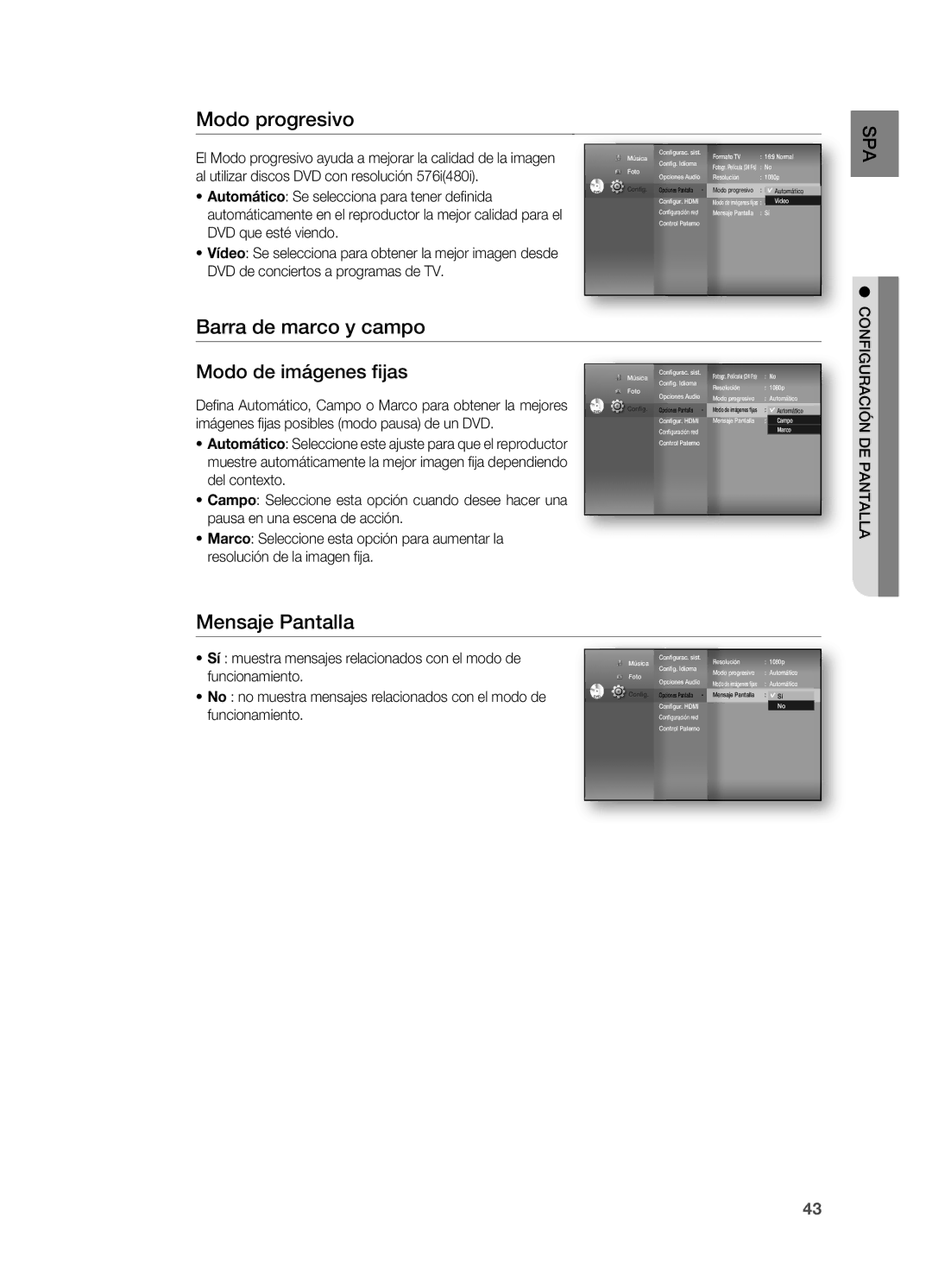 Samsung HT-BD7200R/XET manual Modo progresivo, Barra de marco y campo, Mensaje Pantalla, Configuración DE Pantalla 