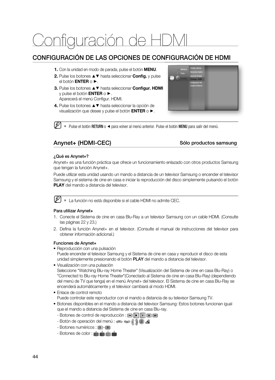 Samsung HT-BD7200R/XET manual Confi guración de Hdmi, ConfiguraCión de las opCiones de ConfiguraCión de HdMi 