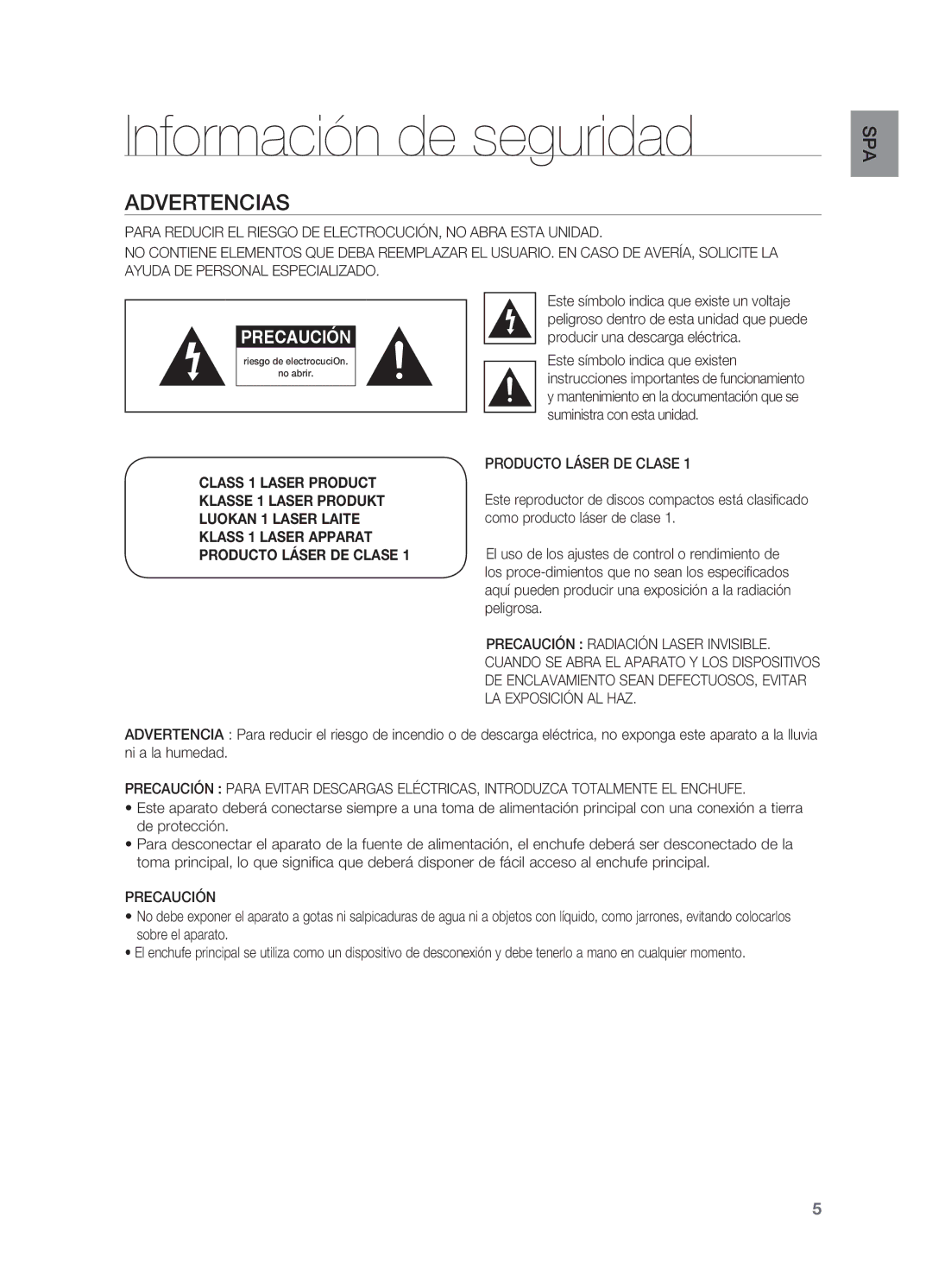 Samsung HT-BD7200R/XET manual Información de seguridad, Advertencias, Producto Láser DE Clase, Precaución 