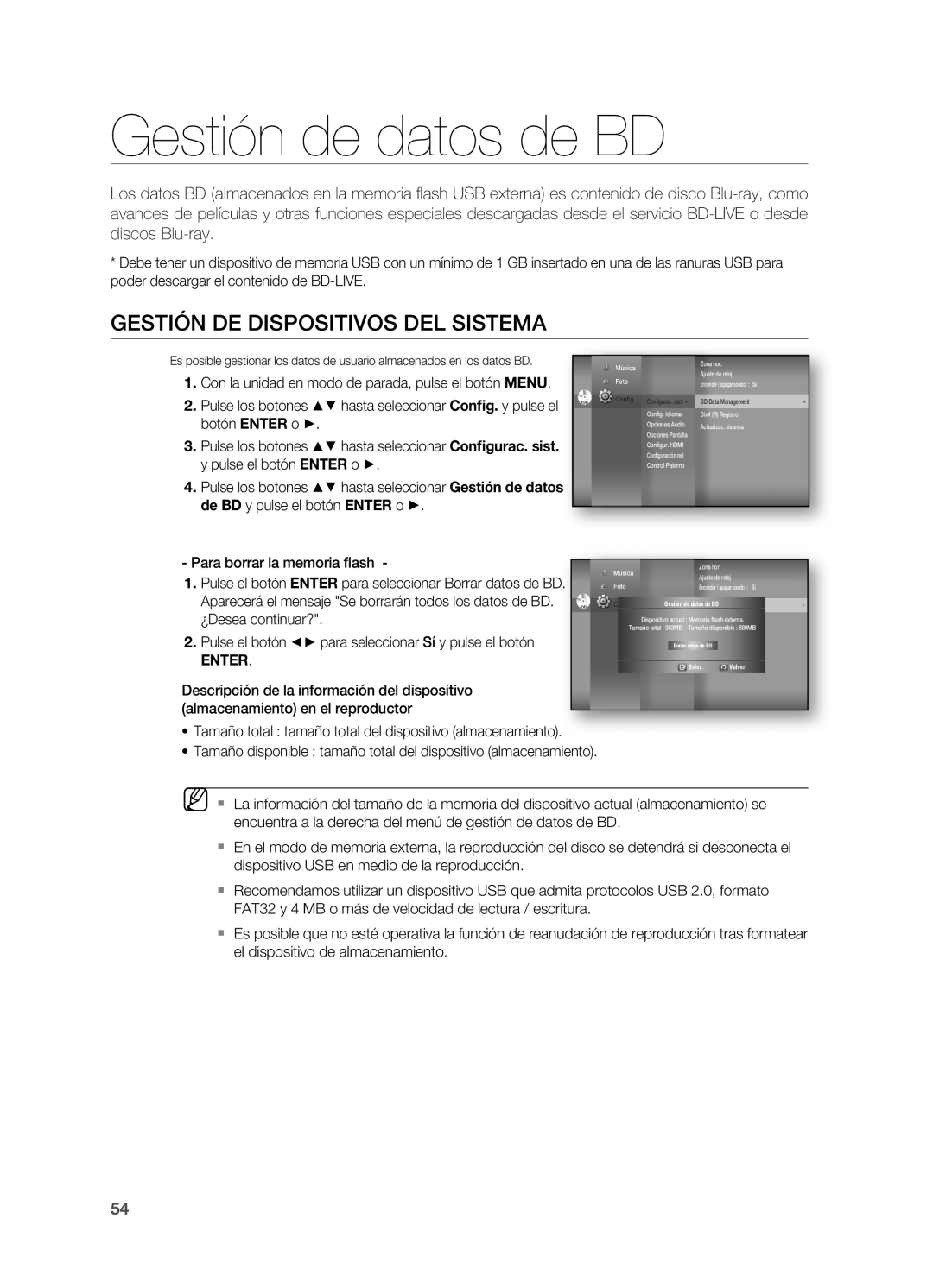 Samsung HT-BD7200R/XET manual Gestión de datos de BD, Gestión DE Dispositivos DEL Sistema, Para borrar la memoria ﬂash 