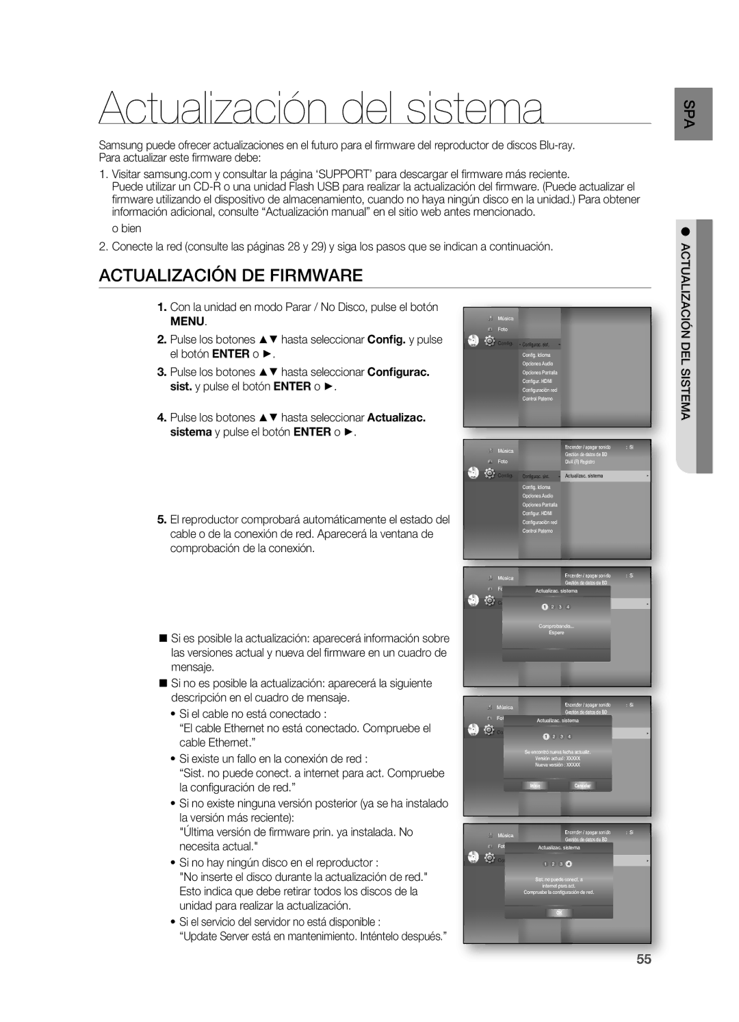 Samsung HT-BD7200R/XET manual Actualización del sistema, Actualización DE Firmware, Inicio Cancelar 