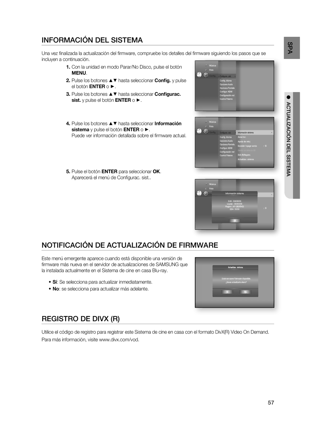 Samsung HT-BD7200R/XET manual Información DEL Sistema, Notificación DE Actualización DE Firmware, Registro DE Divx R 