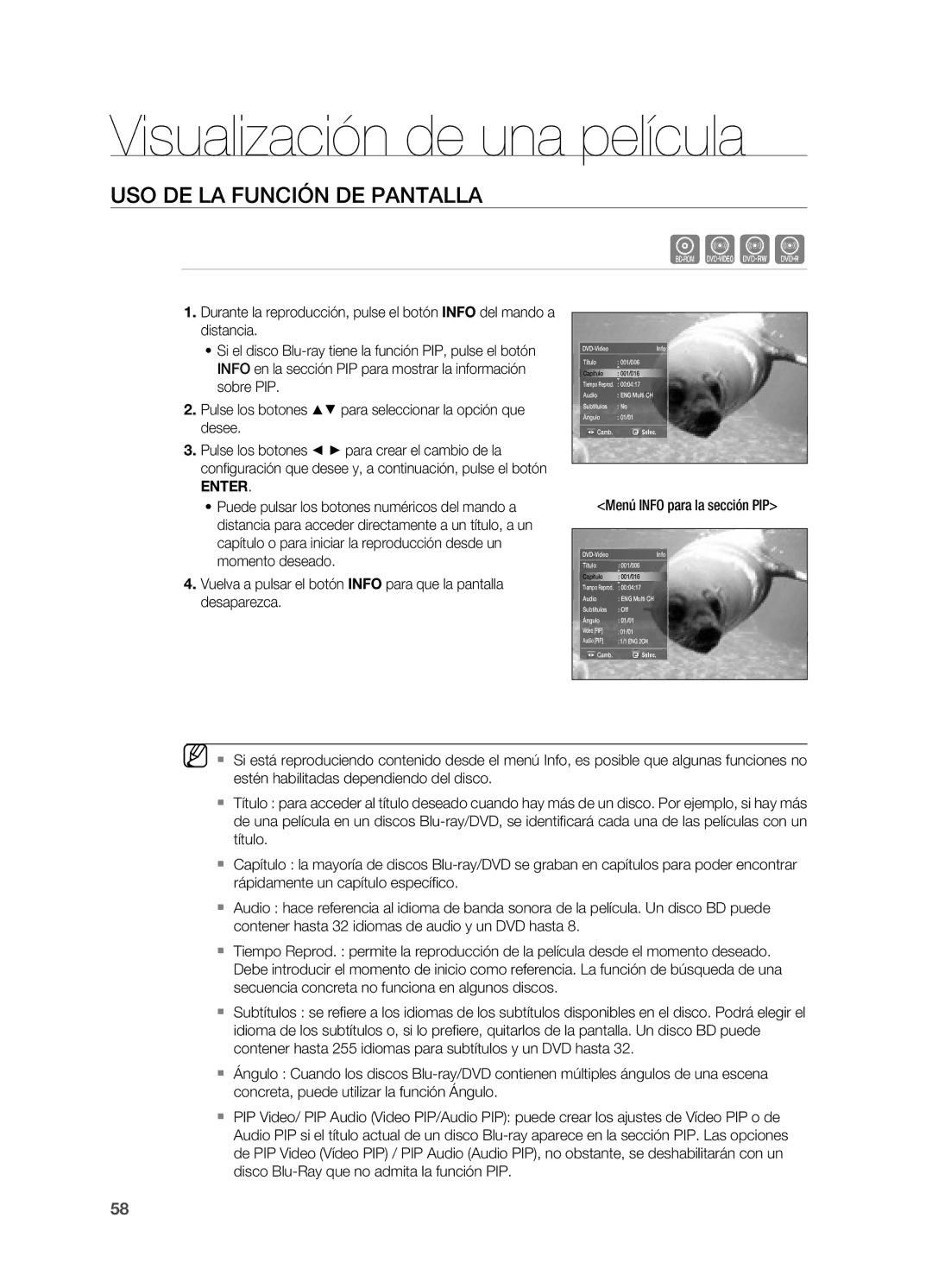 Samsung HT-BD7200R/XET manual Visualización de una película, USo de lA Función de PAntAllA 