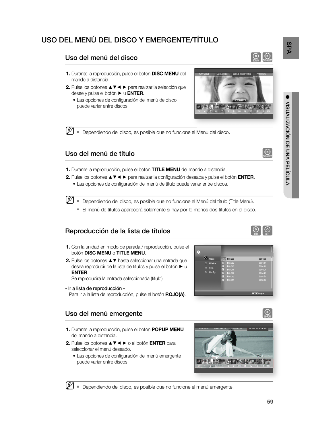 Samsung HT-BD7200R/XET manual USo del menÚ del diSco Y emergente/título, Uso del menú del disco, Uso del menú de título 