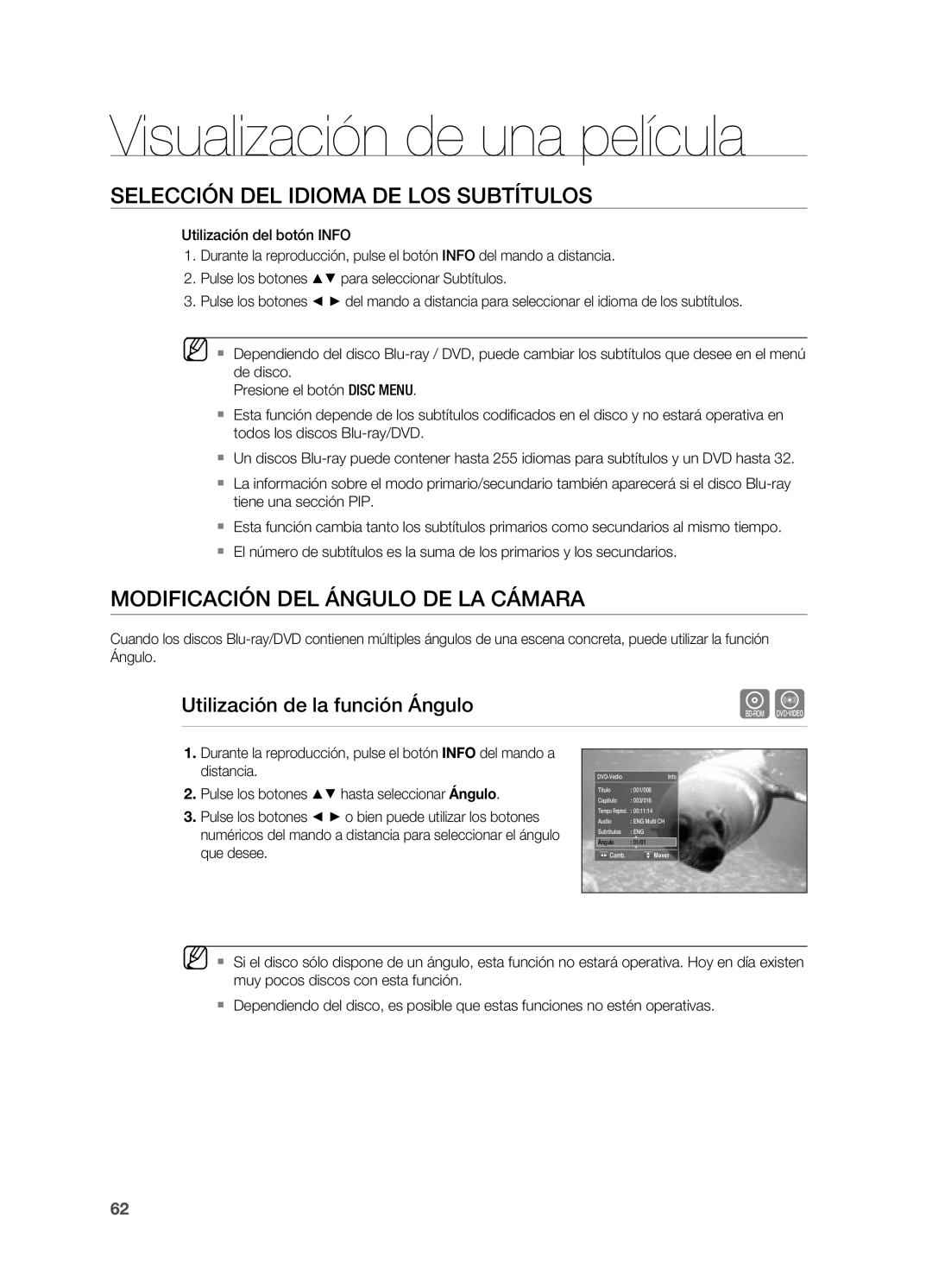 Samsung HT-BD7200R/XET manual ModiFicAción del Ángulo de lA cÁmArA, Utilización de la función Ángulo 