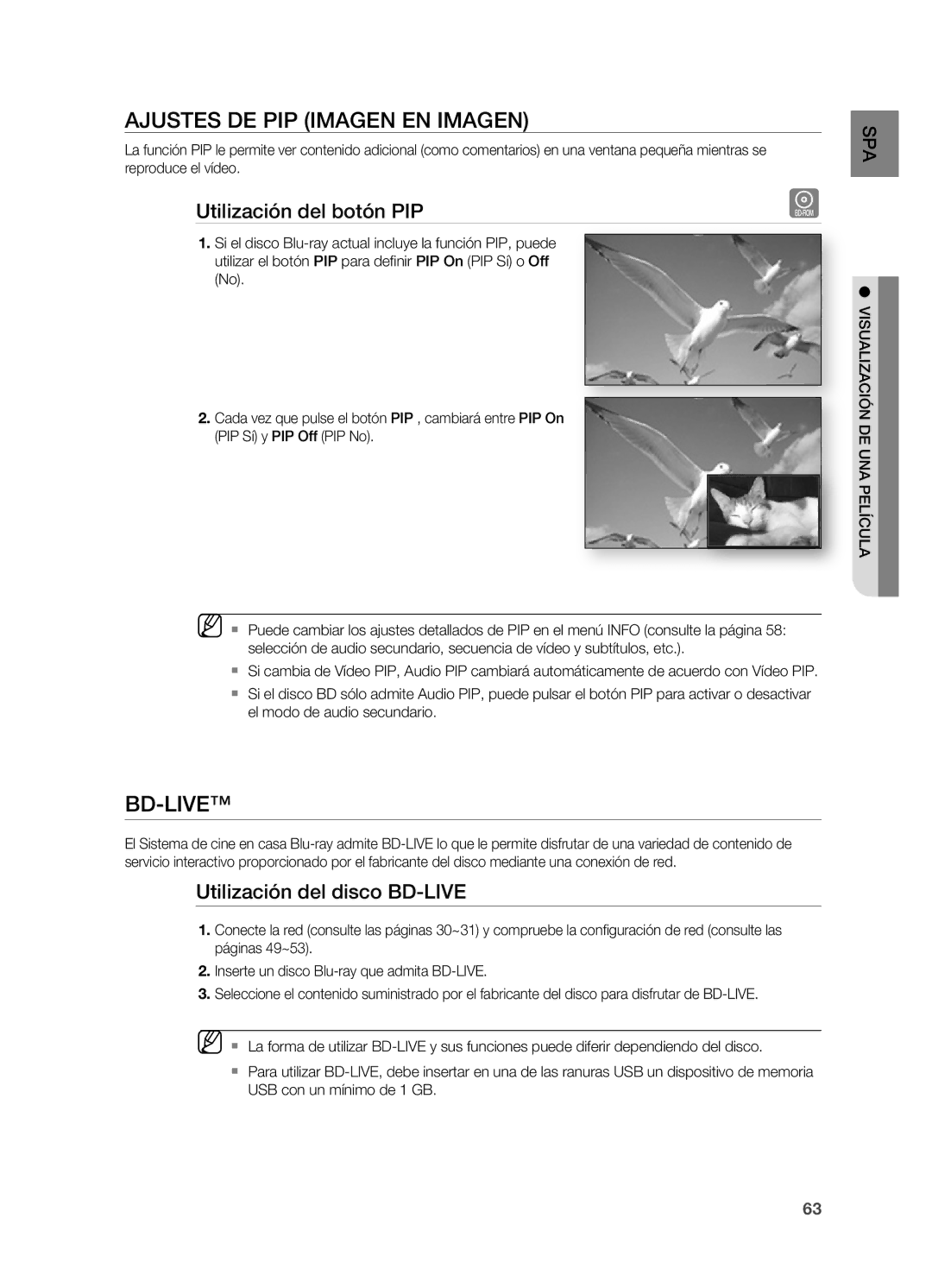 Samsung HT-BD7200R/XET manual AJuSteS de PiP imAgen en imAgen, Utilización del botón PiP, Utilización del disco Bd-live 