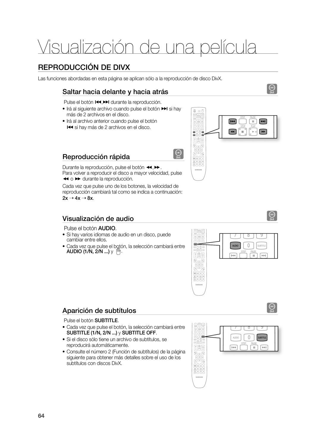 Samsung HT-BD7200R/XET manual Reproducción DE Divx, Saltar hacia delante y hacia atrás, Reproducción rápida 